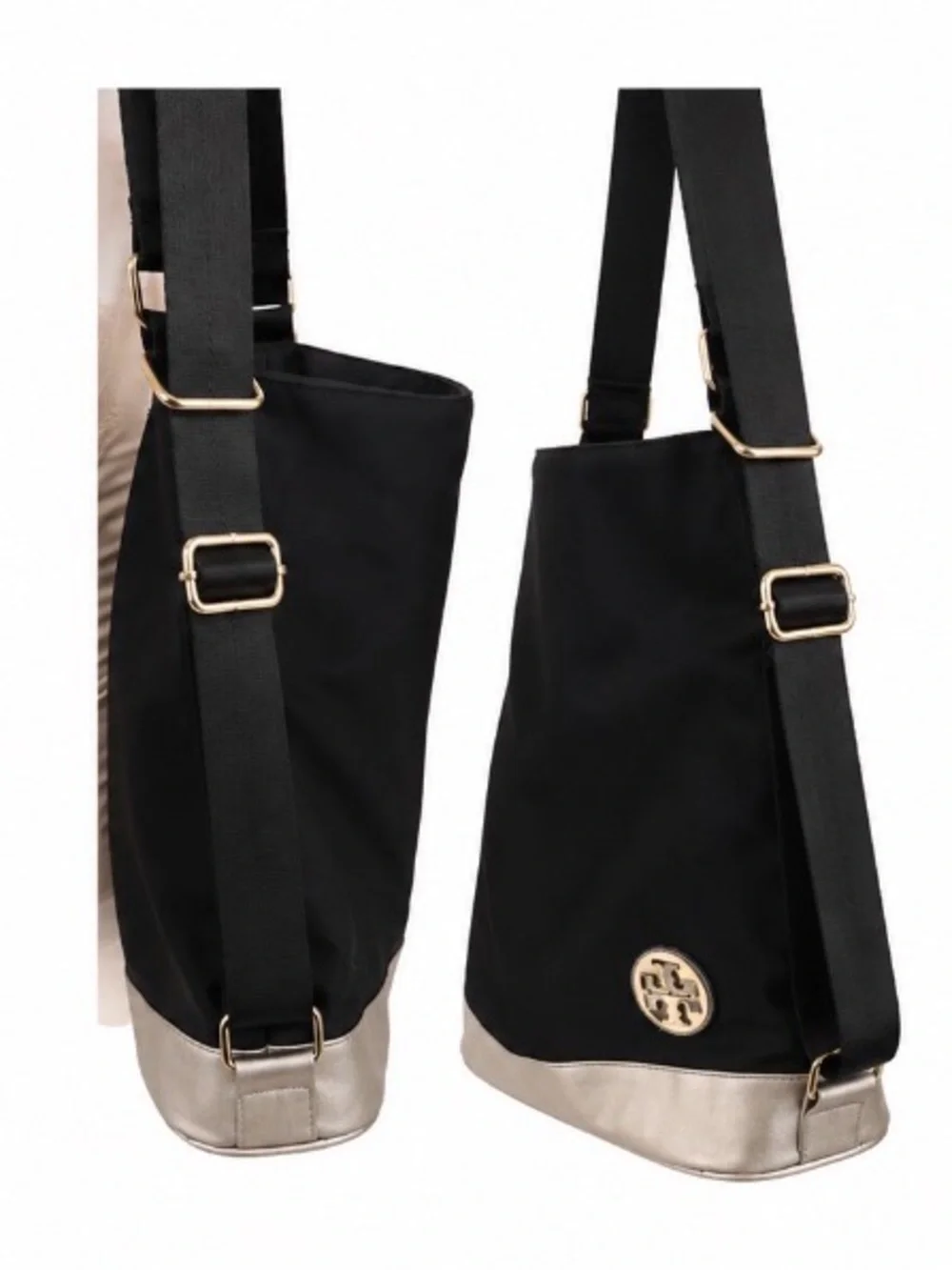 Tory Burch Black Nylon Convertible Shoulder Bag / Backpack With Gold Hardware